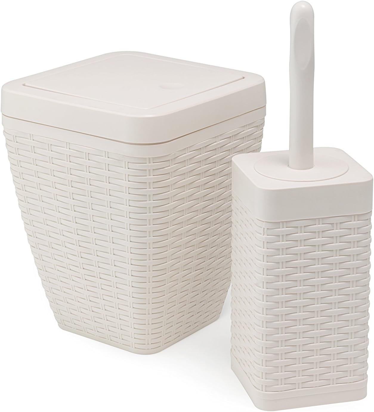 Addis Faux Rattan Square Bathroom Set Includes Swing Bin & Toilet Set Brush, Calico Linen - Faux Leather Plastic