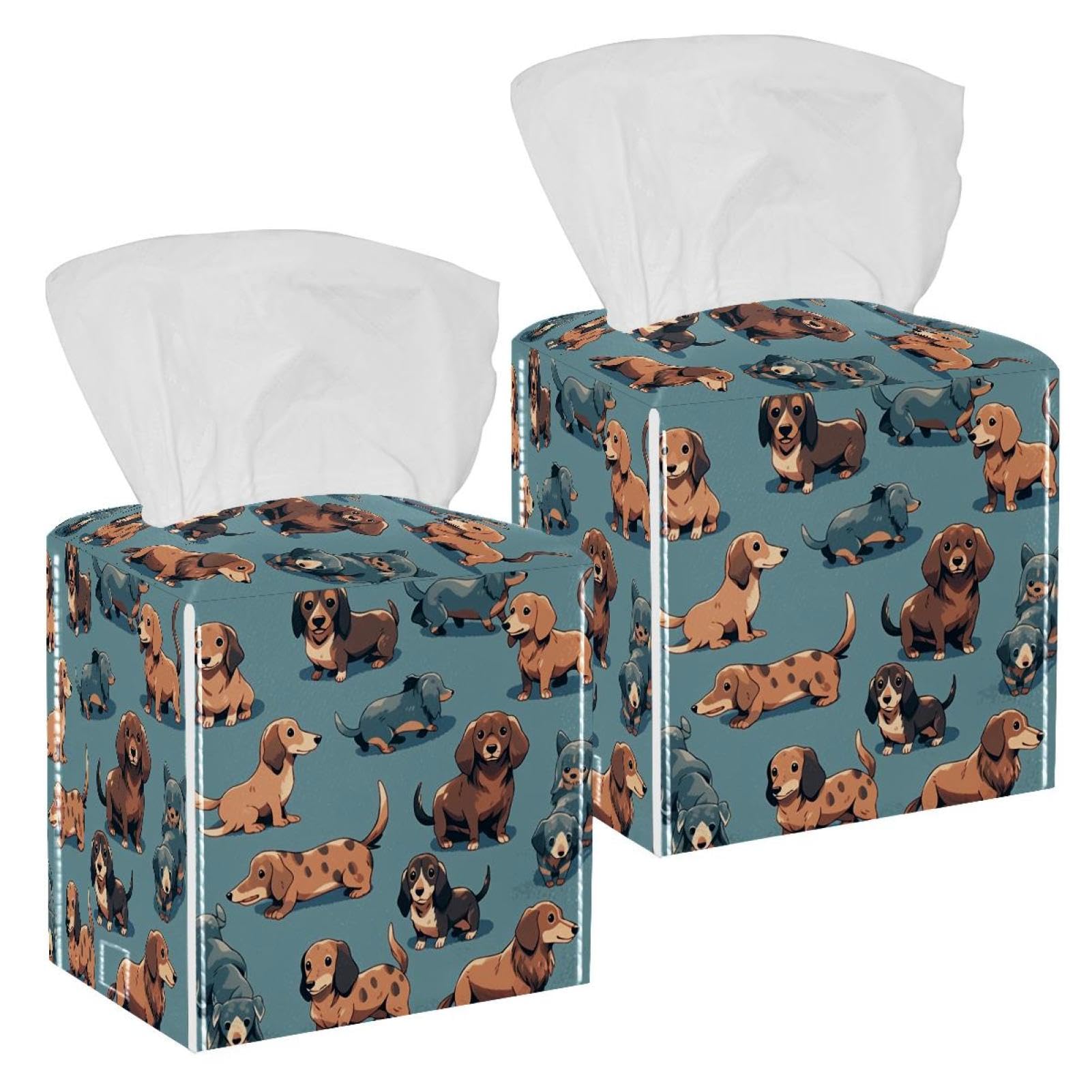 Cartoon Dogs Tissue Box Cover, 2 Pack PU Leather Square Facial Tissue Dispenser Box holder for Home Office Car