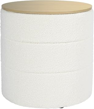 HomePop Channel Storage Ottoman with Wood Top - Cream Boucle