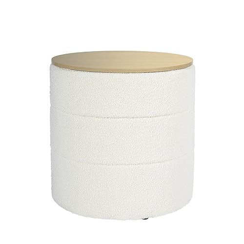 Channel Storage Ottoman with Wood Top - Cream Boucle