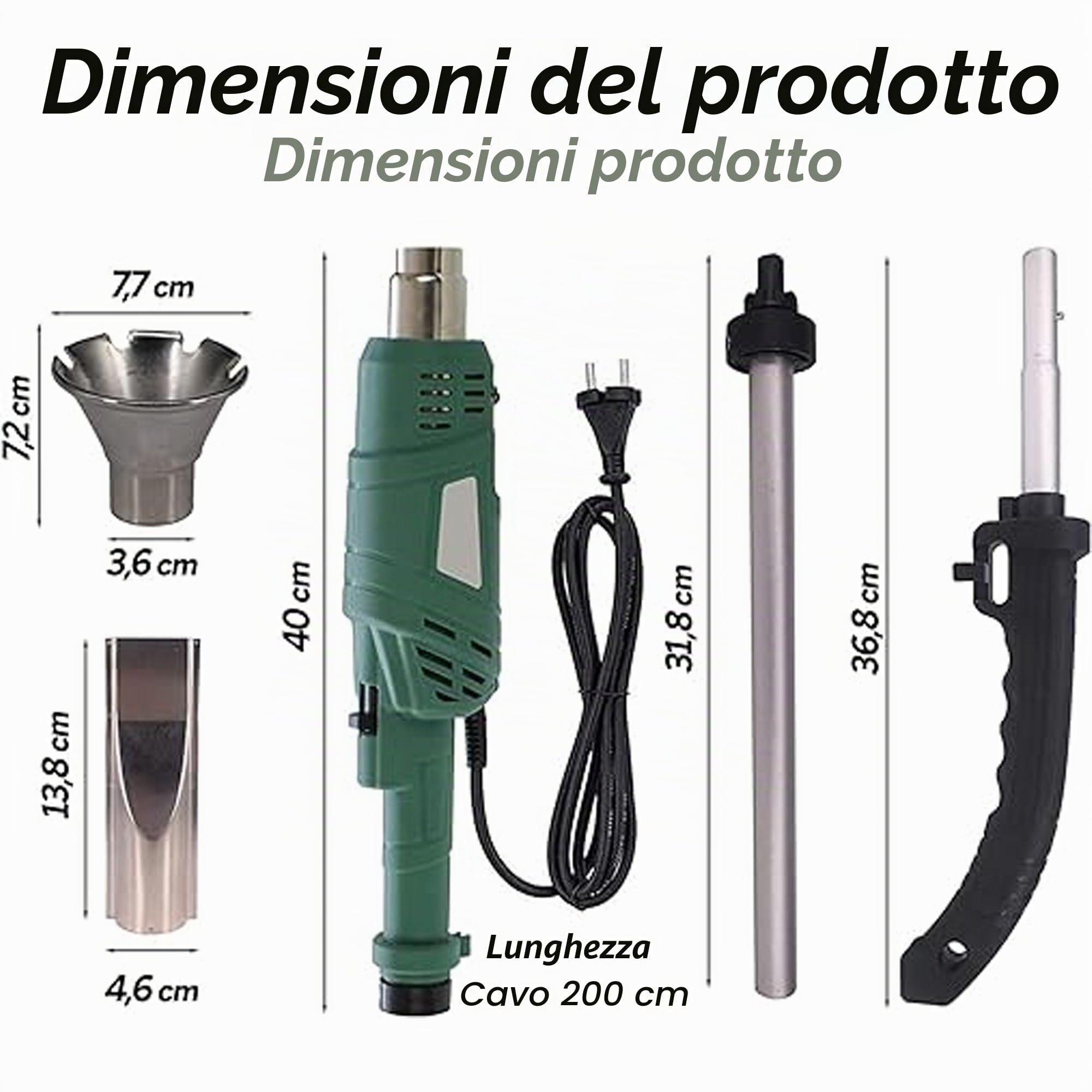FISHTEC Deserbatore elettrico termico 2000 W – 2 in 1: bruciatore di erbacce + accensione barbecue, senza gas e prodotto chimico, riscaldatore potente fino a 600 °C, 2 ugelli, manico rimovibile