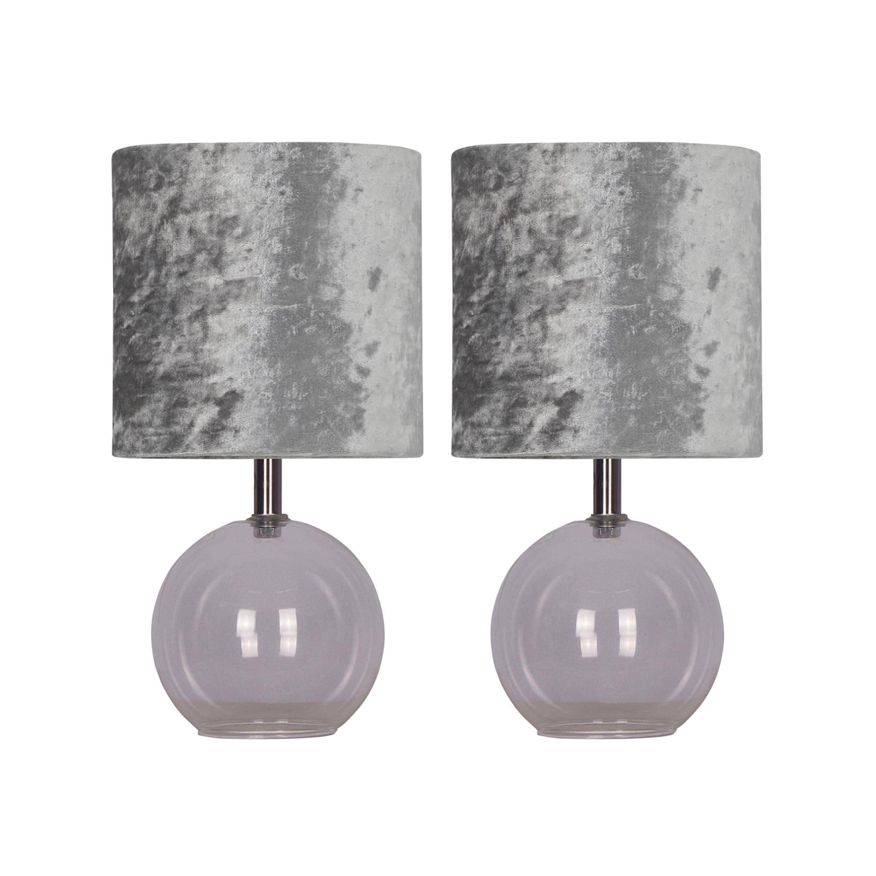 First Choice Lighting Set Of 2 BuckClear Glass Globe Table Lamps With Grey  Velvet Shade from B&Q