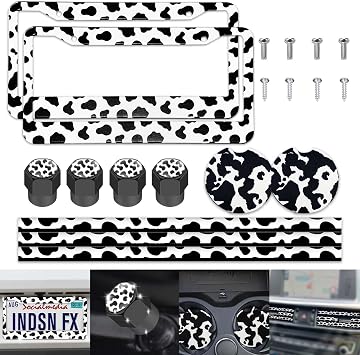 14 Pieces Cow Print Car Accessories,Cow License Plate Frame,Cow Car Cup Holder,Cow Tire Valve Stem Caps,Cow Print Car Air Conditioner Air Outlet Decorative Strips,Cute Car Accessories