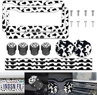 GLAHORSE 14 Pieces Cow Print Car Accessories,Cow License Plate Frame，Cow Car Cup Holder，Cow Tire Valve Stem Caps,Cow Print Car Air Conditioner Air Outlet Decorative Strips,Cute Car Accessories