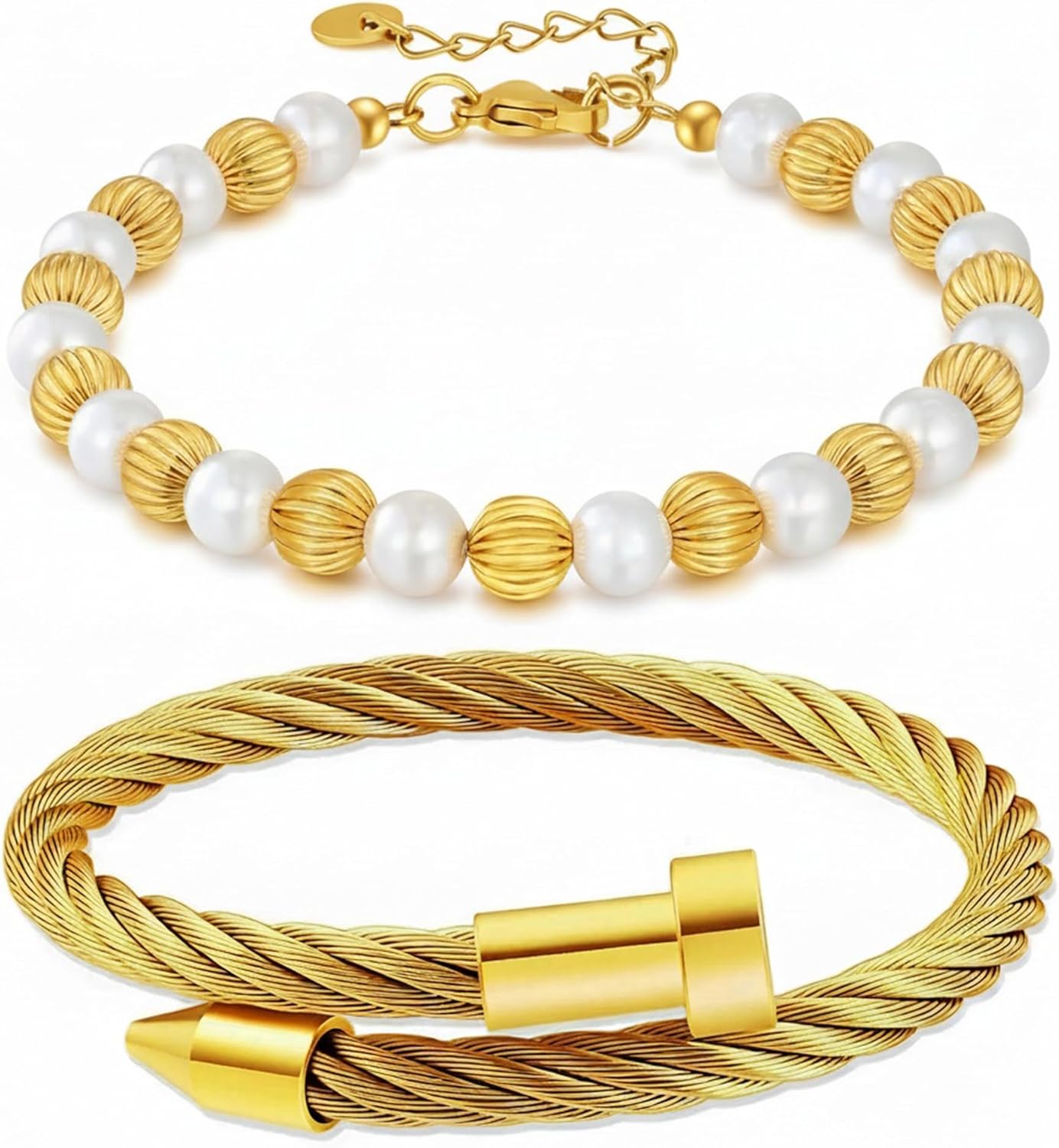 2PCS 18K Gold Plated Nail Bangle & Chain Bracelet Set for Women, Adjustable Stackable Bangle Jewelry, Dainty Gold Bracelet Gift for Women