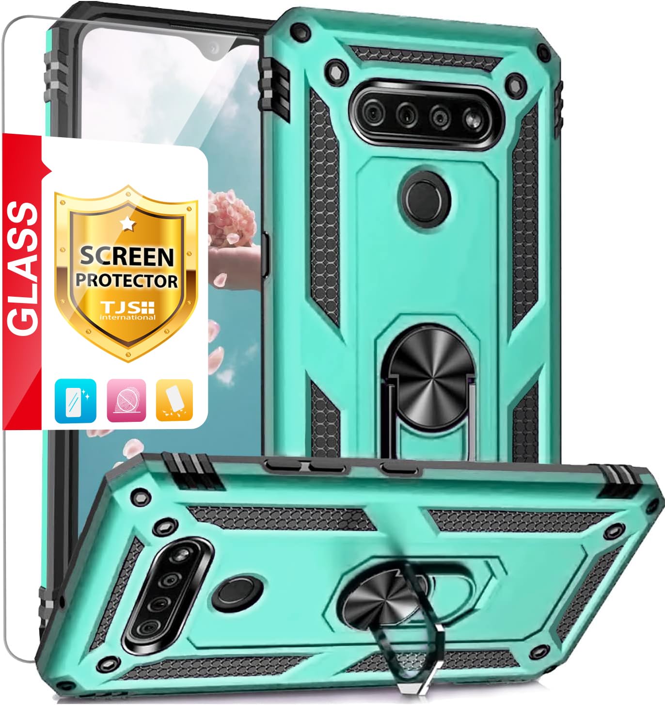 TJS Compatible with LG K51 Case, LG Q51 Case, LG Reflect Case, with [Tempered Glass Screen Protector][Metal Ring][Magnetic Support] Kickstand Heavy