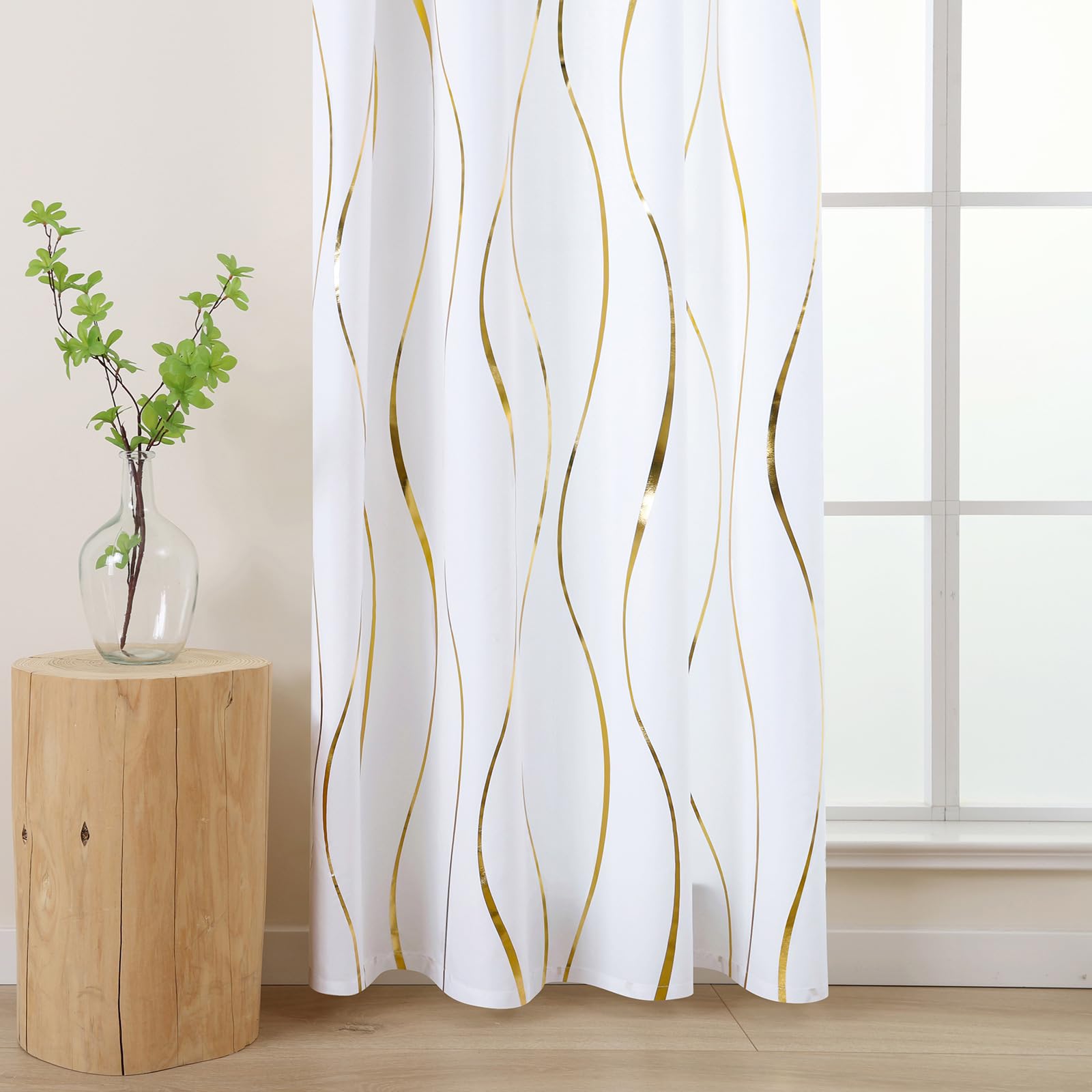 L.Z.E Vorhang Sichtschutz Gold Weiss, Gardinen Gold Weiß für Wohnzimmer Schlafzimmer, Ösen Vorhänge mit Wellenmuster, 2er Set Lichtdurchlässig Fenster Gardine (LZE2251E-WG225)