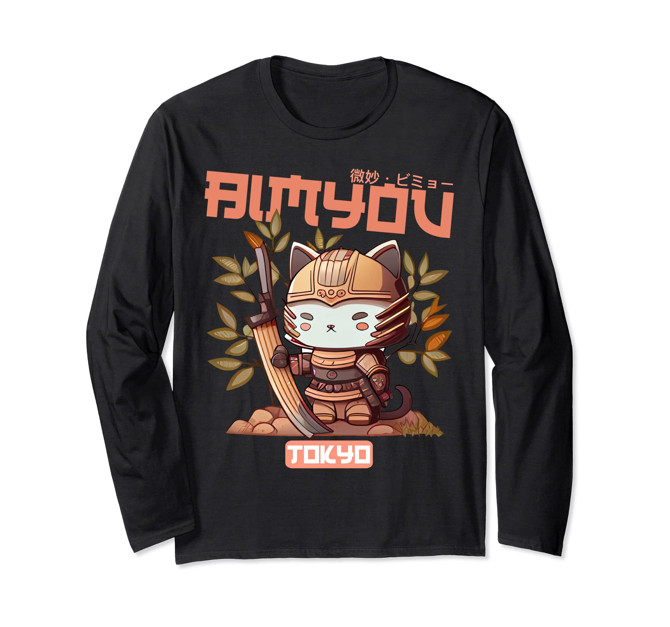 Bimyou Samurai Cat Graphic with Cherry Blossom Tree Chibi Long Sleeve T-Shirt