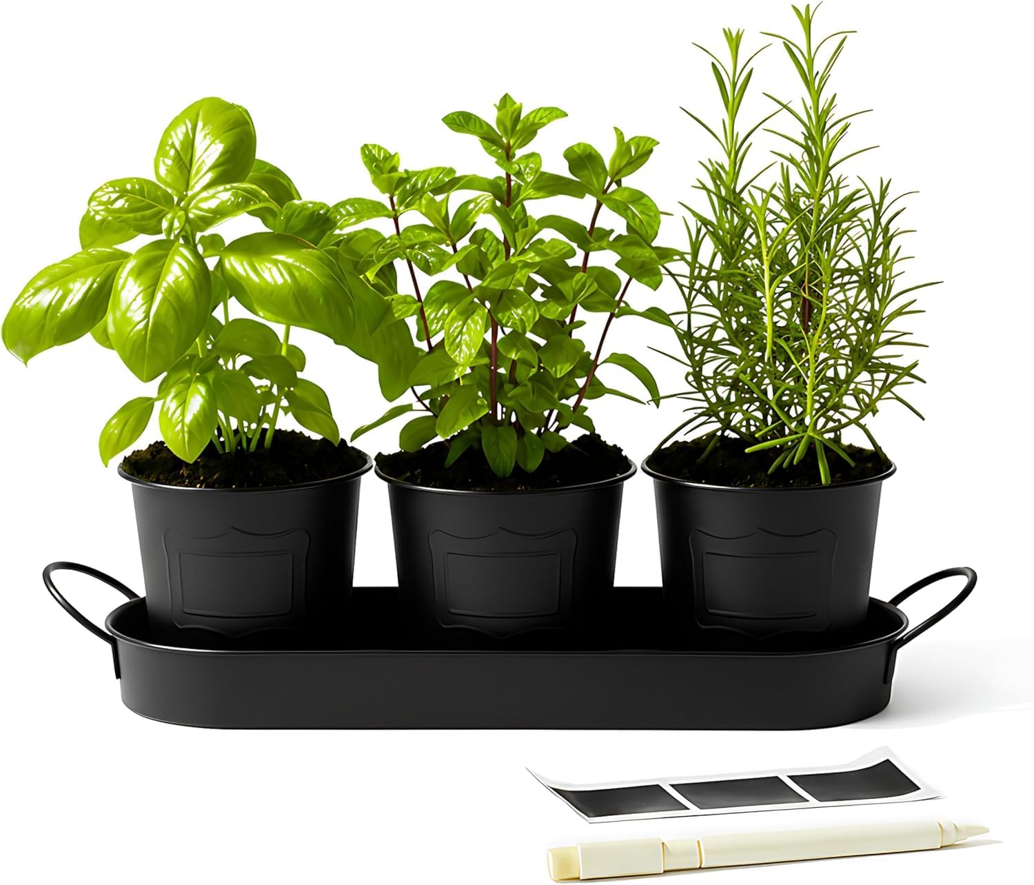 PRADICHI Metal Herb Planter Pots (Set of 3) with Drainage Tray & Chalk Labels – Indoor Herb Garden Kit for Kitchen Windowsill – Decorative Rust-Resistant Planters for Basil, Mint,Rosemary (Black)