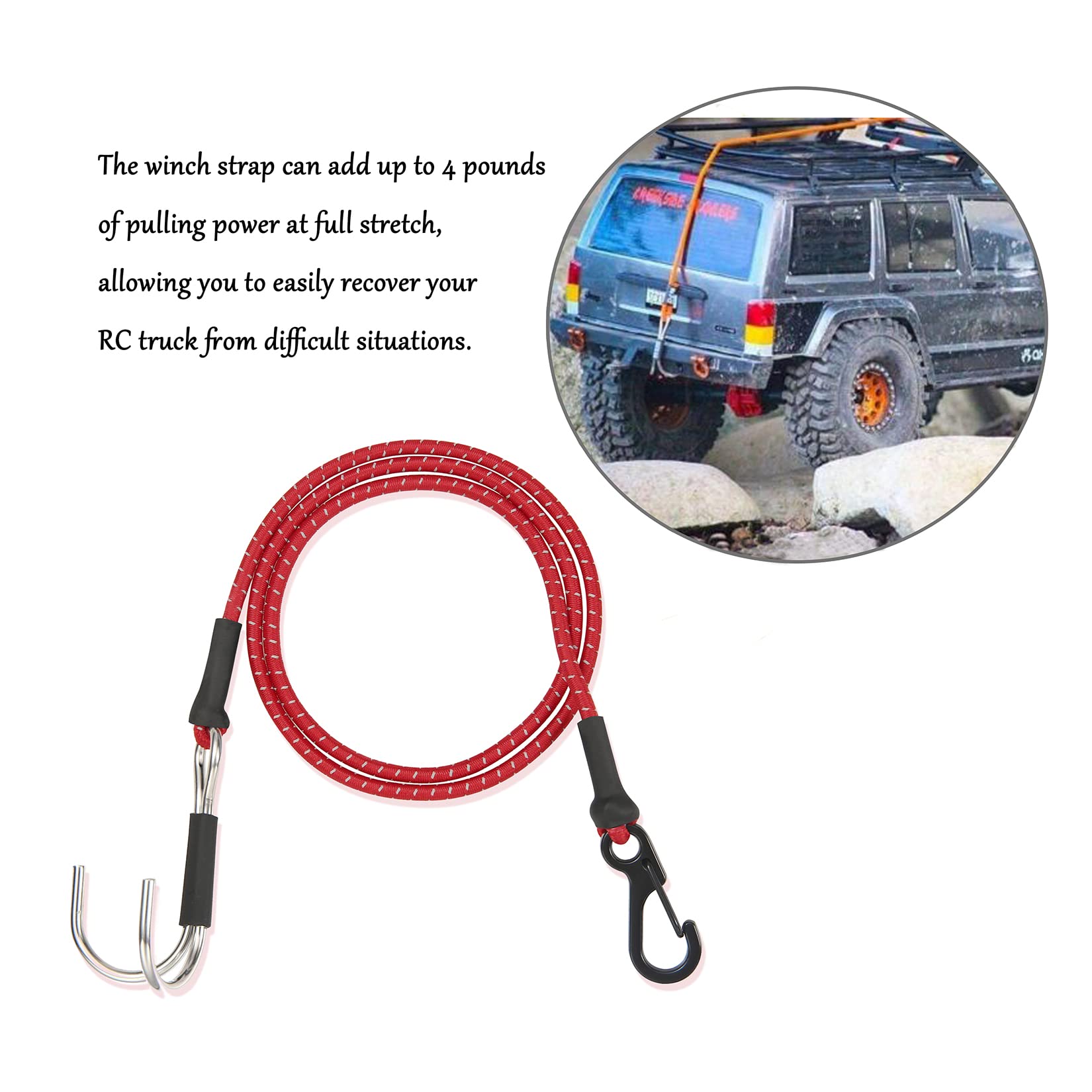 RXZIXYL 1/10 RC Crawler Elastic Force Escape Rope,Kinetic Winch Strap, 1/10 Scale RC Accessories Rescue Trailer Hook for Axial SCX10 Traxxas TRX4 Upgrade Parts (Red)