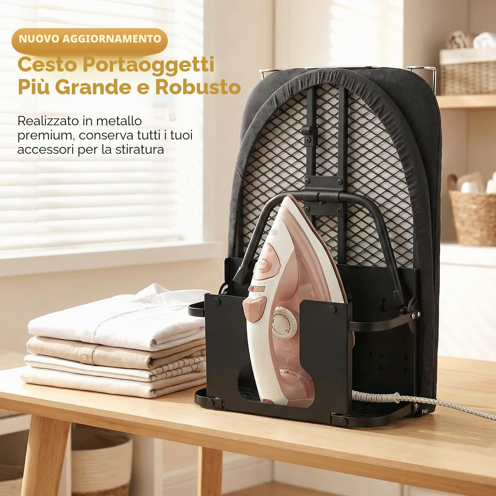 Asse da stiro pieghevole con poggiaferro e supporto, mini asse da stiro pieghevole con piedini antiscivolo e rivestimento termoresistente, compatto 82,5 x 31,5 cm, salvaspazio rivestimento in cotone