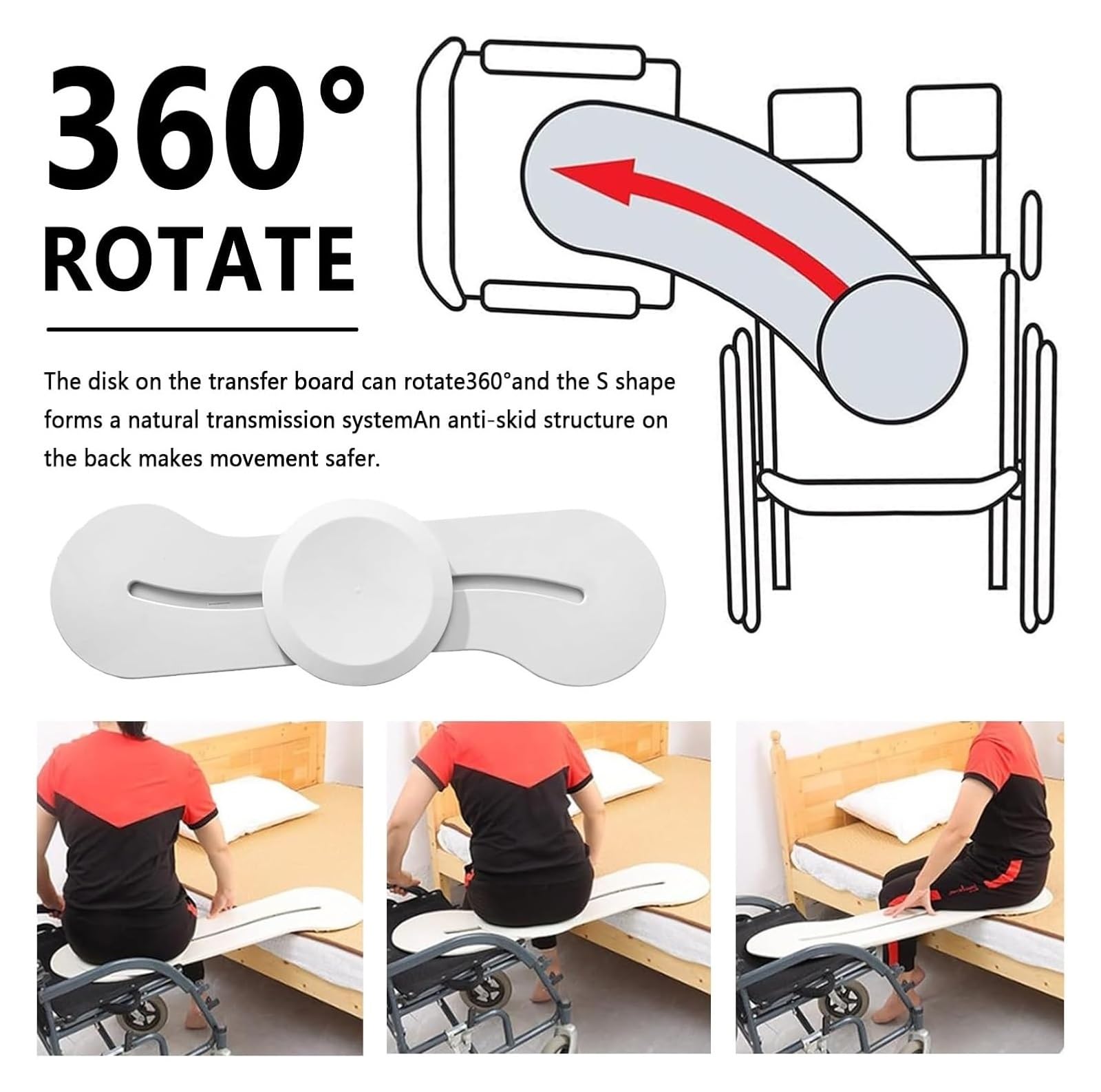 Tabla deslizante de transferencia con disco giratorio 360° -(102cm) | Polímero de resistente para traslados entre camas/sillas de ruedas,soporta 100 kg,Diseño curvo antideslizante para cuidadores