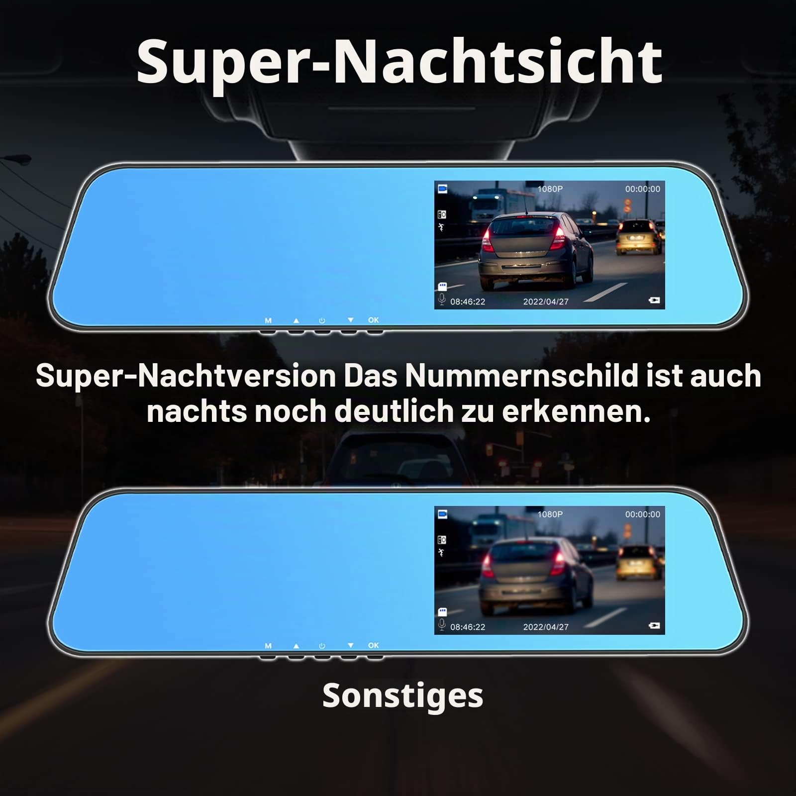 CAMECHO Spiegel Dashcam mit Rückfahrkamera 4.5'' Bildschirm Full HD 1080P, Dual Dash Cam Spiegel Auto Vorne und Hinten,Super Nachtsicht mit DVR Loop-Aufnahme