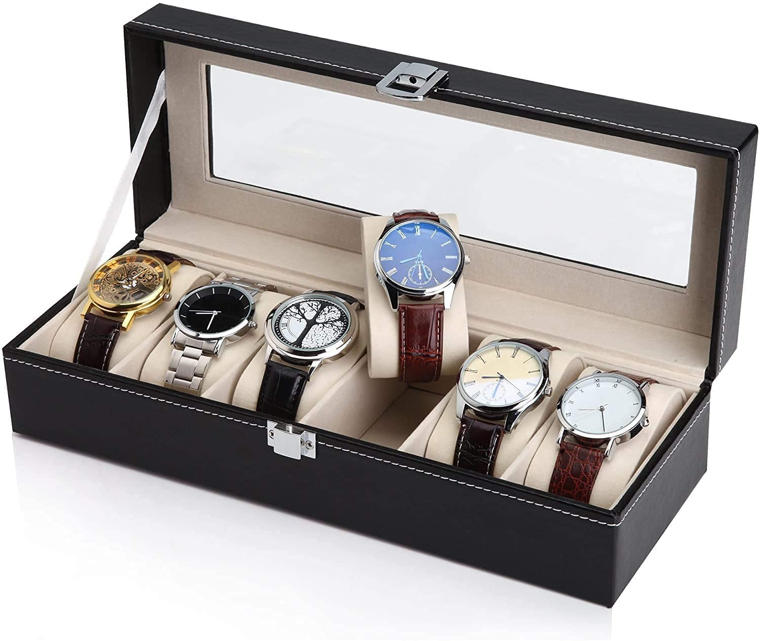 FI FIDROXIMPERIA Fidrox 6 Slot Watch Case Storage Organizer Box Men Watch Organizer PU Leather Lockable with Transparent Glass Lid Soft Pillow for Watch,Bracelet, Jewelry Storage Boxes (B0C5R5CXF1) Amazon Price History, Amazon Price Tracker