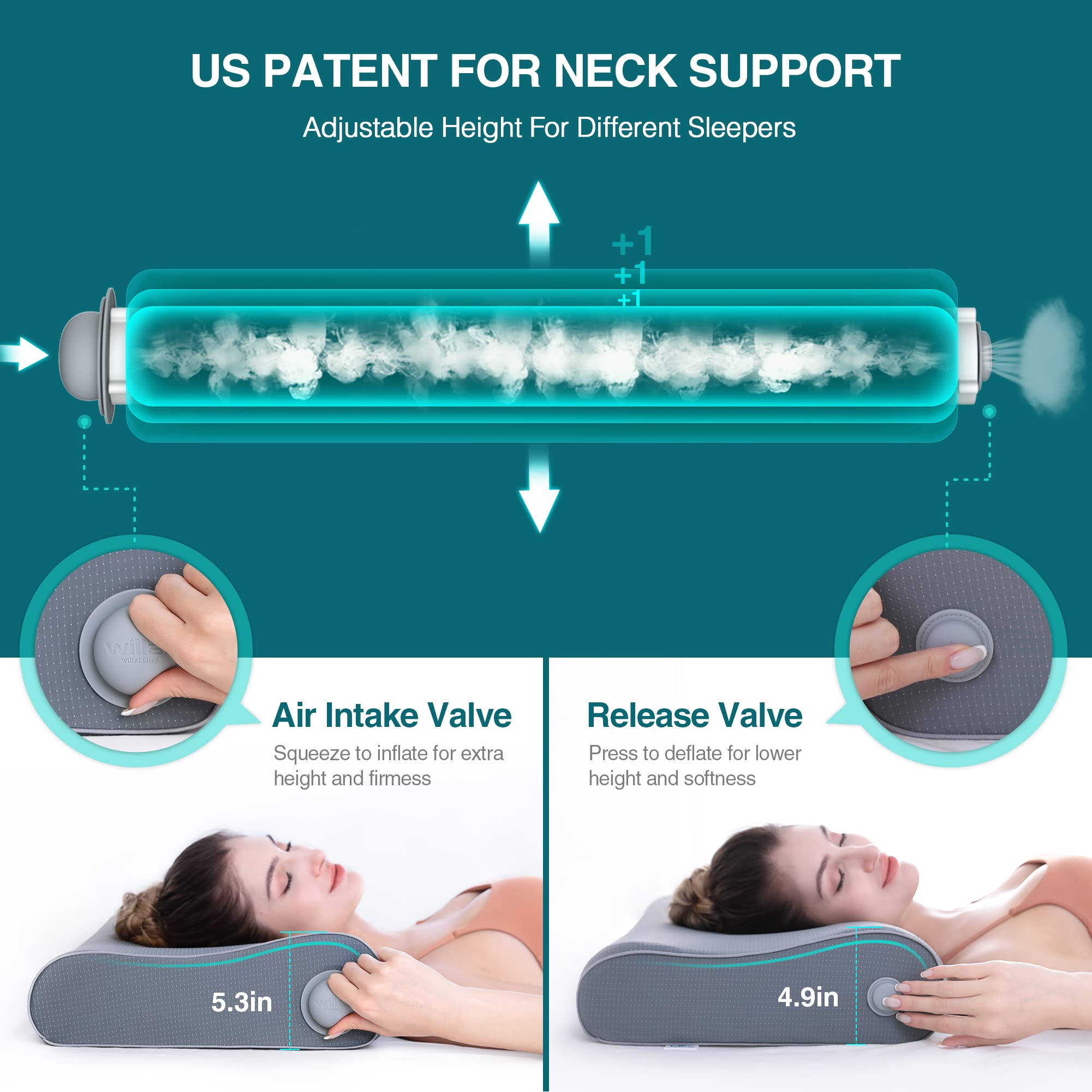 willai Cervical Pillow for Neck Pain,Adjustable Neck Support Pillow by Inflatable Tube,Orthopedic Contour Neck Pillows for Sleeping,Cooling Firm Memory Foam Pillow for Side Back Sleepers.