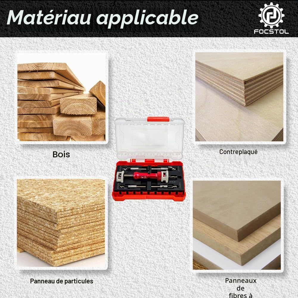 FOCSTOL Foret avec Fraisoir Contre-alésage - 5 Pièces 3,2/3,6/4/4,4/4,8mm Jeu de Foret à Fraise Bois de Profondeur Réglable à 82 Degrés avec Queue Hexagonale 6,35mm pour Bois Plastique