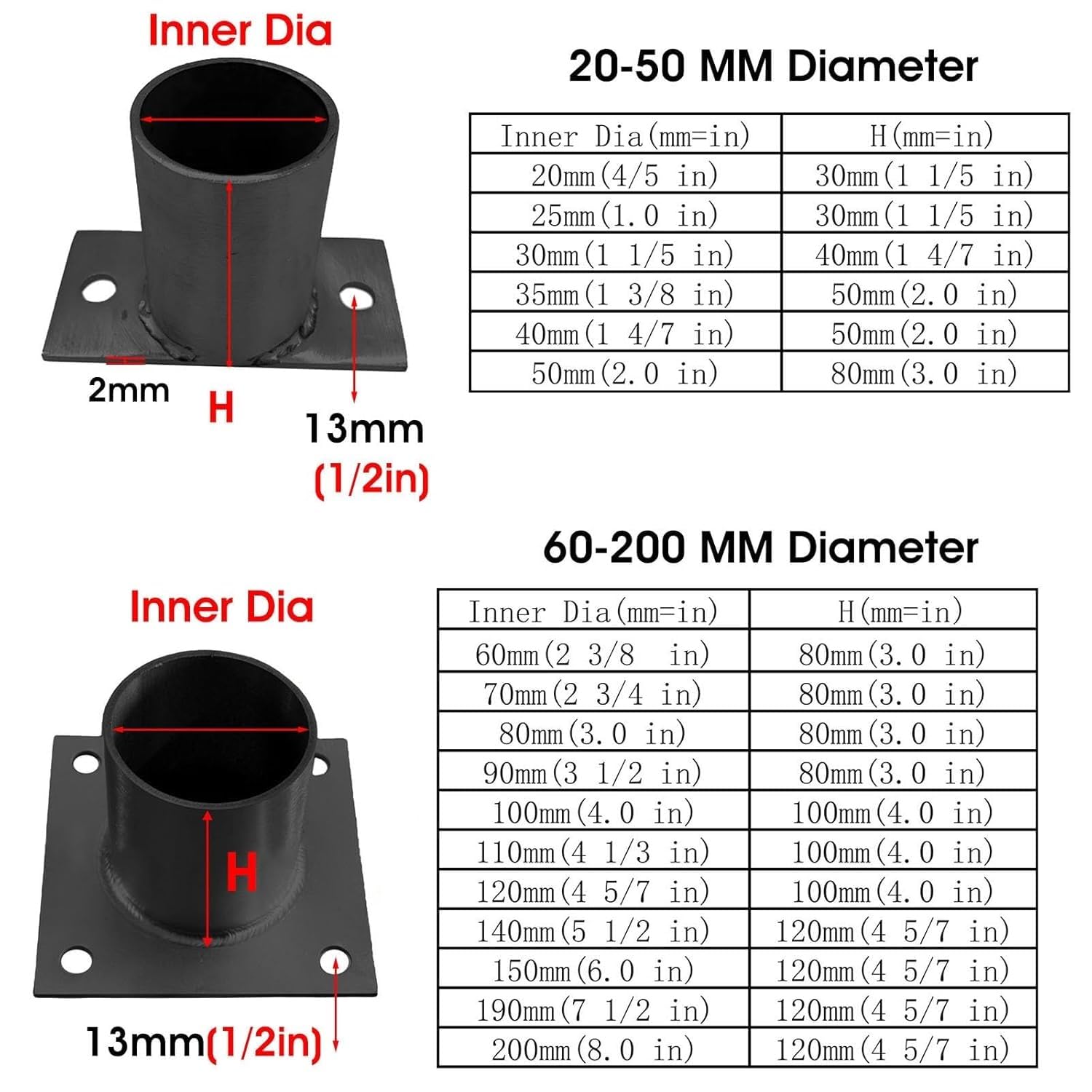 Einschlagbodenhülse DIY Holzzaun Kit 200 150 120 100 80 60 mm, Basisanker für Zaunpfosten Für Handläufe, Geländer und Pergolas(Dia 7 1/2 in(190mm))