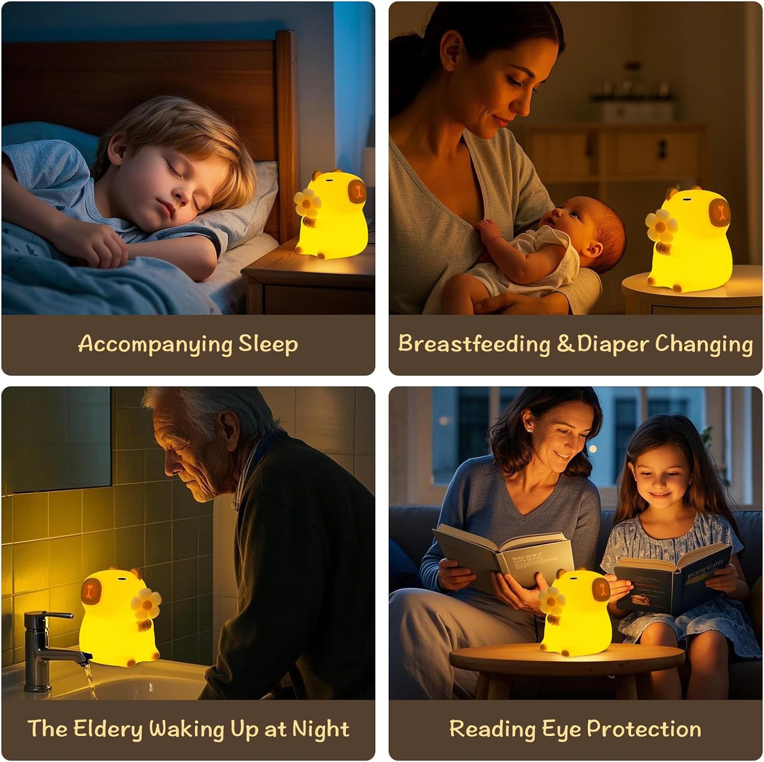Capybara Night Light, Nursery Lamp, 7-Color RGB & 3-Level Dimmable WarmLight, Tap Control, 30Min Timer, 100% Safe &Soft Silicone, Adorable, Soothing Ambiance, Gift for Kids, Detachable Flower