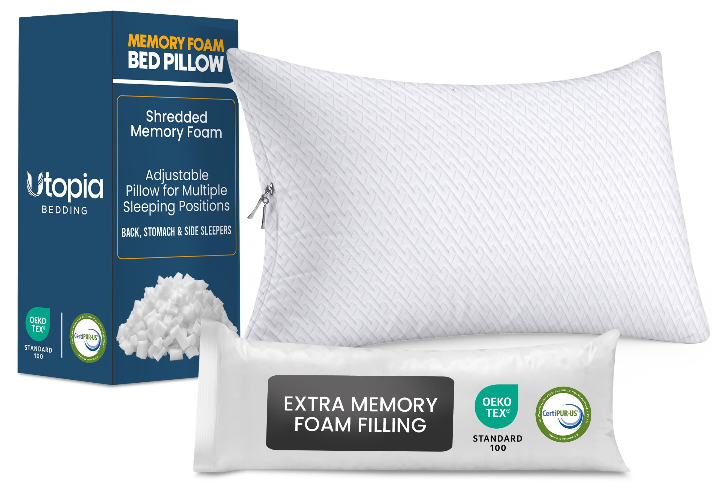 Utopia Bedding Shredded Memory Foam Pillows, Cooling Pillow, Queen, 1 Pack | Adjustable Bed Pillow for sleeping, Washable Jacquard-Polyester Cover, Support for back, side & stomach sleepers, Pack of 1