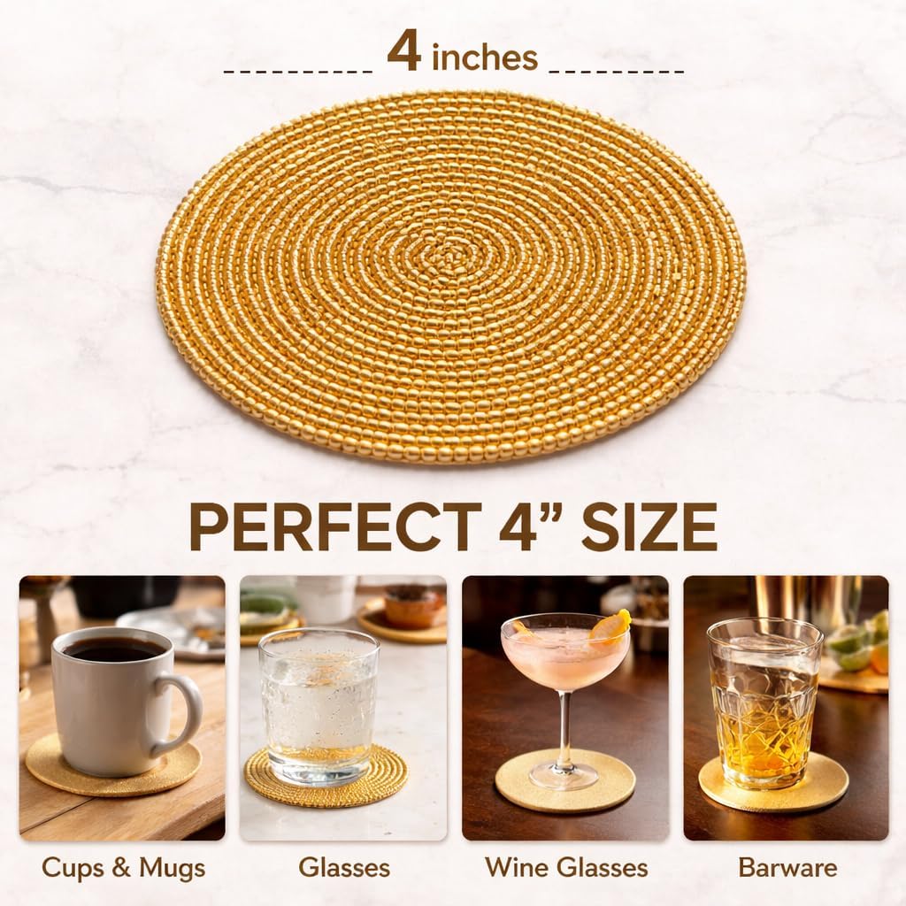 Gold Beaded Coasters Set – Handmade Round Drink Coasters with Non-Slip Fabric Backing, Heat Resistant Table Protection for Coffee Table, Dining Table & Home Decor (Set of 6)