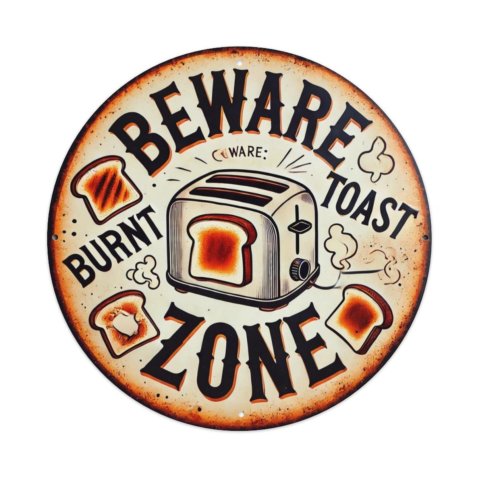 Beware Toast Zone Burnt Toast Vintage Round Tin Sign Retro Metal Wall Decor Metal Poster, Home Bar Garage Farmhouse Cafe Wall Art Decoration 8x8Inch