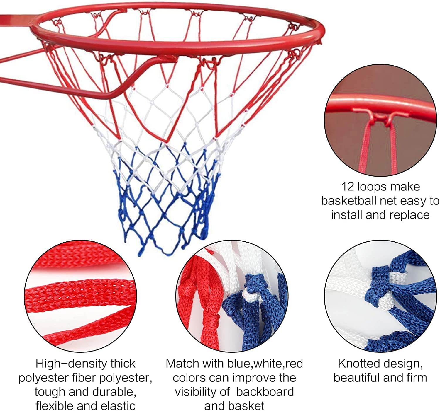 Set di 2 reti da basket professionali in nylon di ricambio per pallacanestro e qualsiasi condizione atmosferica, per canestro da basket, 12 fori, basket, allenamento