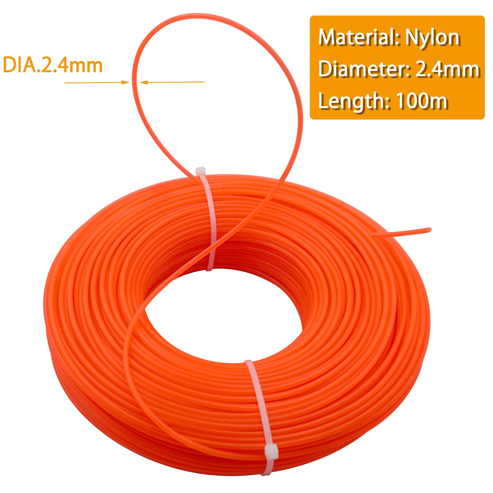 Akuoly 100m Mähfaden Trimmerschnur Trimmerfaden für Rasentrimmer, Robuster Rasentrimmer-Schnur Fadendurchmesser 2,4 mm, Nylonfaden in Orange zur Gartenarbeit, Grasschneiden und Unkrautbeseitigung