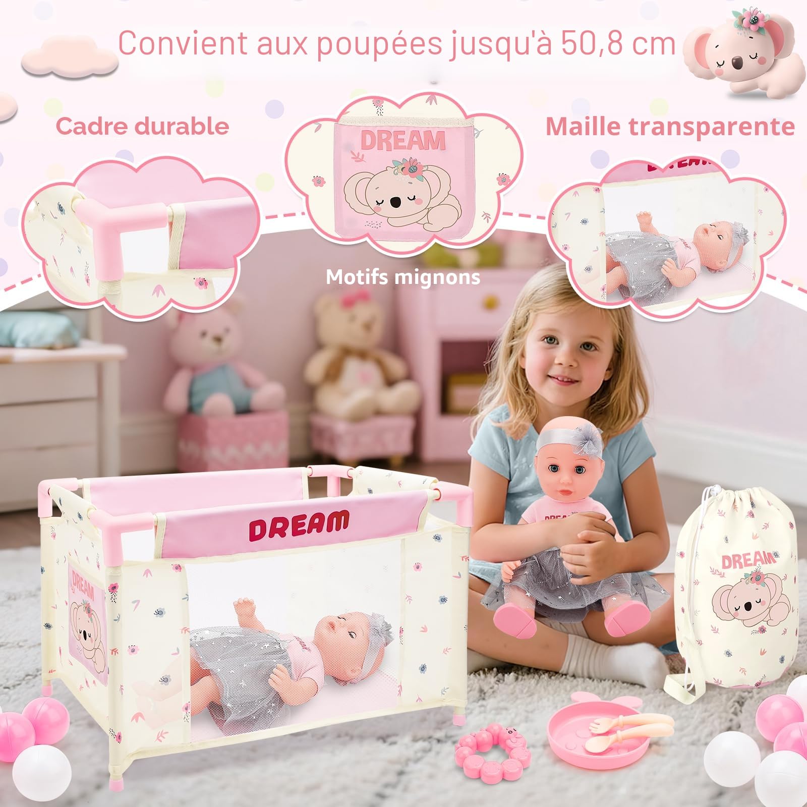 deAO Kit 5 en 1 Accessoire Poupée Pliable Et Transportable avec Poupée 37cm