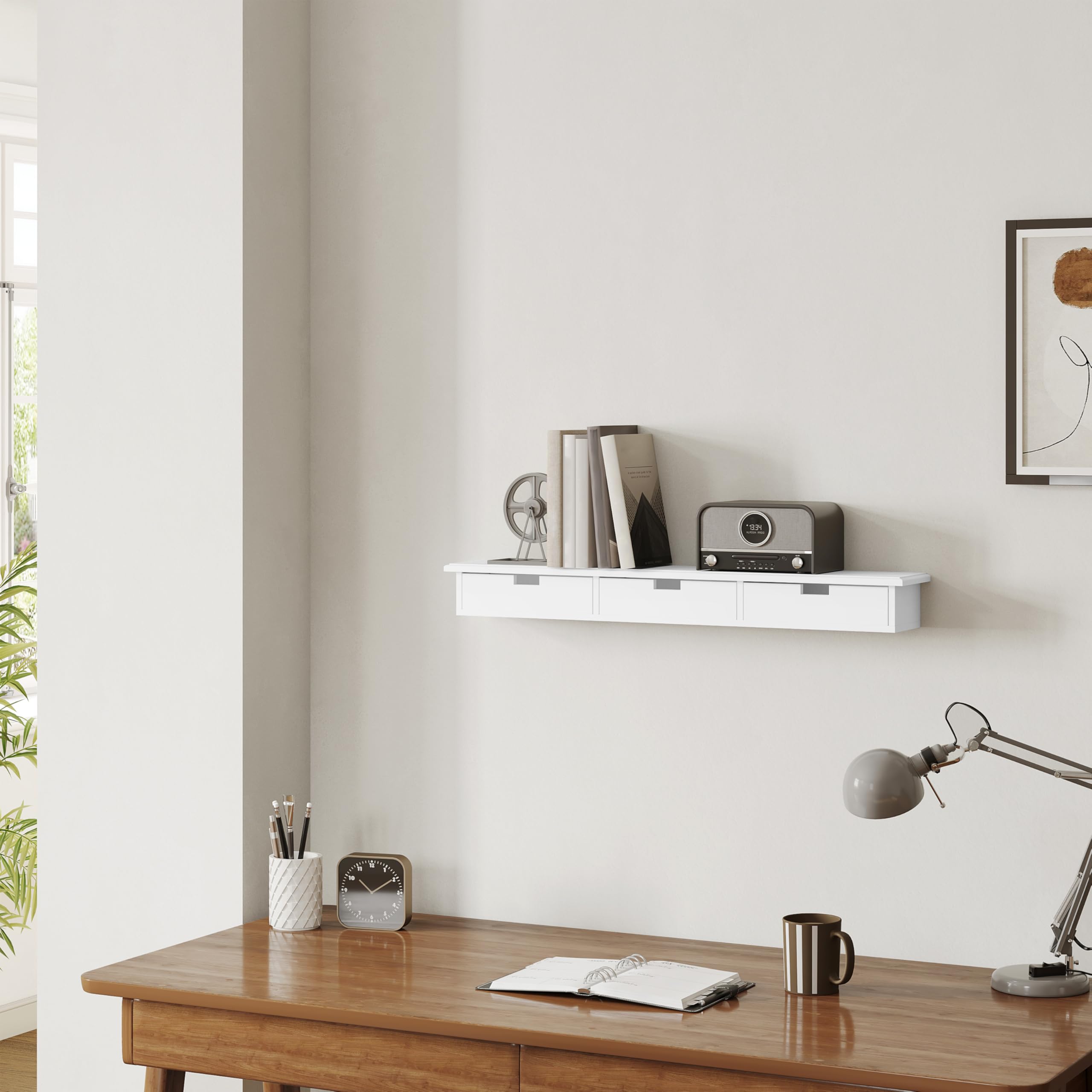 WOLTU Étagère Murale avec 3 Tiroirs, Table de Chevet Suspendue, Tiroir Suspendu, Étagère Flottante, pour Chambre, Salon, Couloir, Cuisine, Blanc, 93,5x15x10cm, RG9519ws