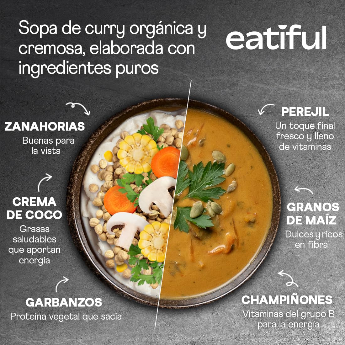EATIFUL Sopa De Curry, Elaborada Con Verduras Orgánicas, Sopa De Curry Tailandesa Vegana Lista Para Comer, Sin Conservantes Añadidos, Sin Gluten, 400g (Paquete De 5 Unidad)