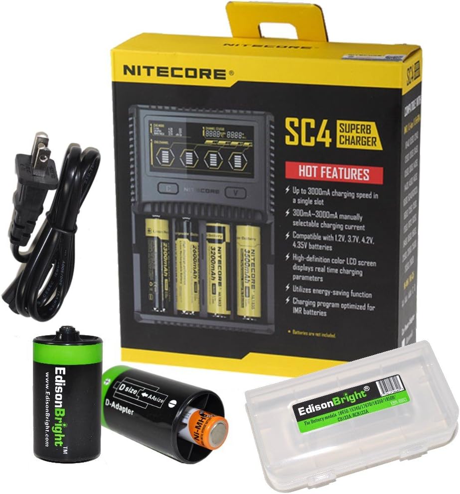 EdisonBright NITECORE SC4 Universal Smart 4 Slot Battery Charger Bundle BBX3 Battery Box and 2 X AA to D Type Battery Spacer/Converters