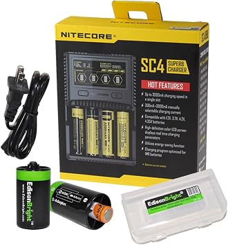 EdisonBright NITECORE SC4 Universal Smart 4 Slot Battery Charger Bundle BBX3 Battery Box and 2 X AA to D Type Battery Spacer/Converters