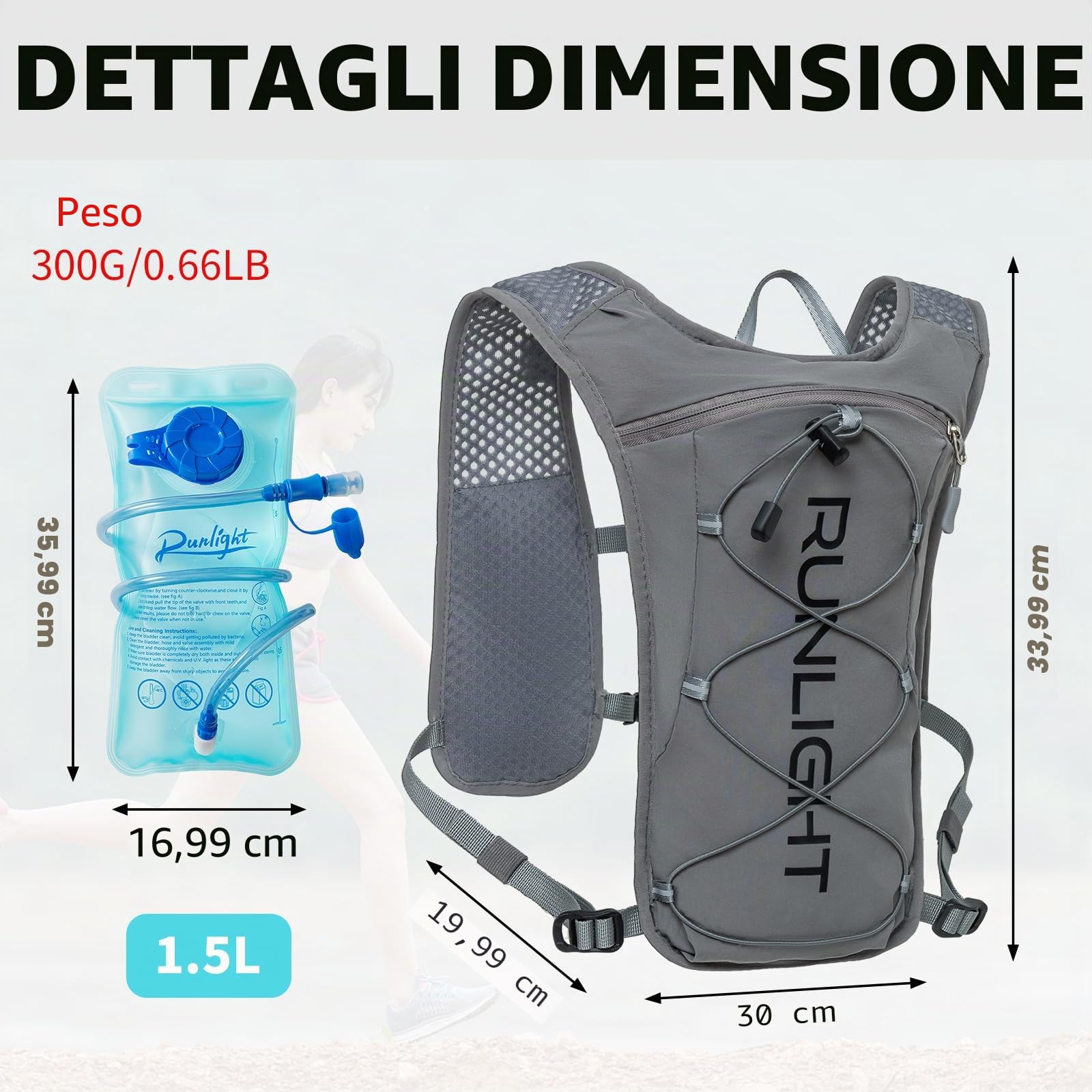 Runlight Gilet da corsa per uomo e donna, cinghie pettorali regolabili, gilet idratante da corsa, con borraccia da 1500 ml