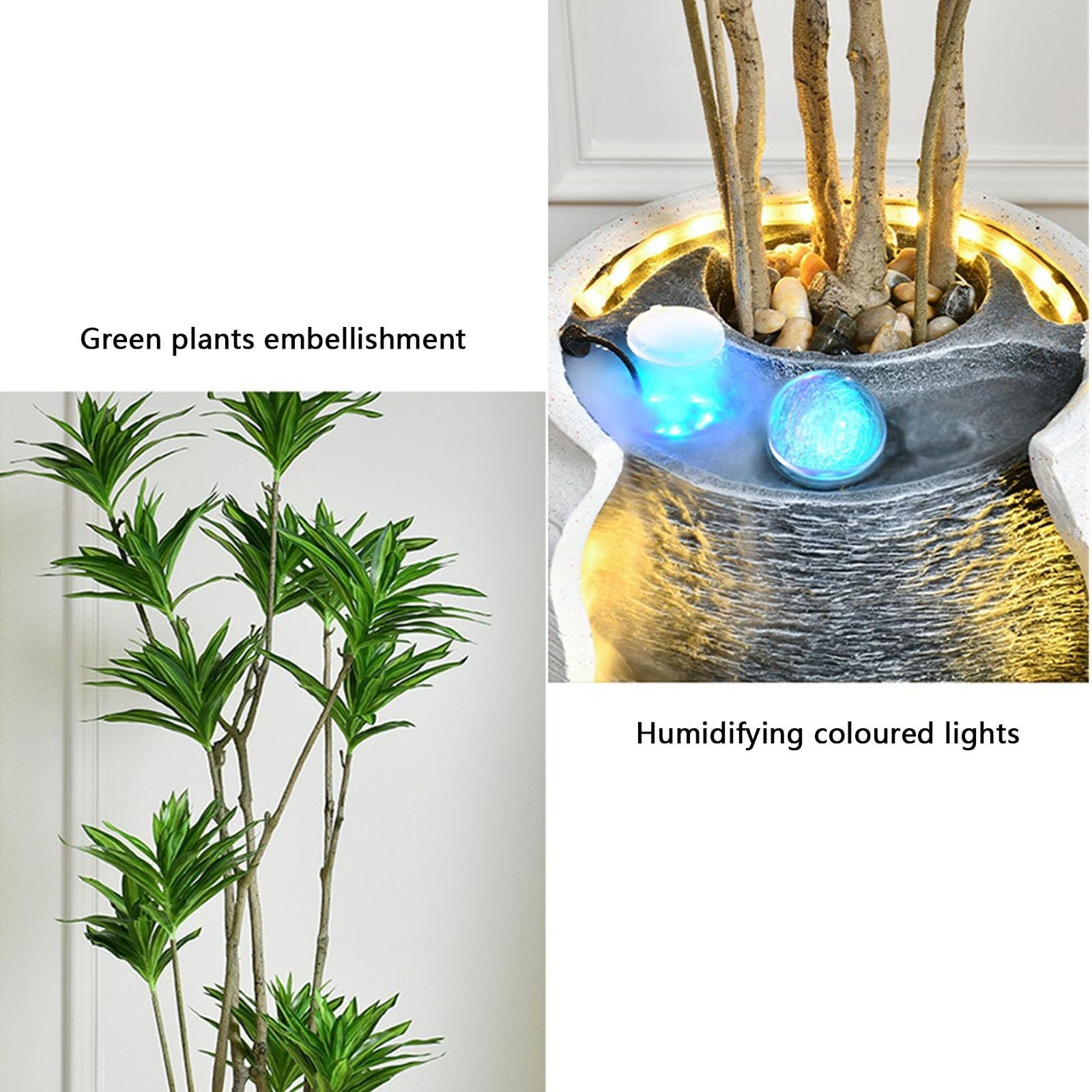 Fuente de Agua Fuente de Agua Moderna con Plantas simuladas, humidificador de Agua de Piso a Techo for Sala de Estar, Entrada, Sala de Estar, balcón Fuente de Jardín(Negro)