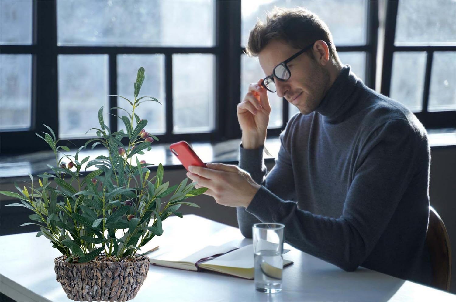 AlphaAcc Olive Fake Plants 21'' Tall Artificial Olive Branches with Lifelike Leaves in Oval Rattan Woven Planter Faux Plants Rustic Tabletop Greenery for Living Room Kitchen Bedroom Office Decor