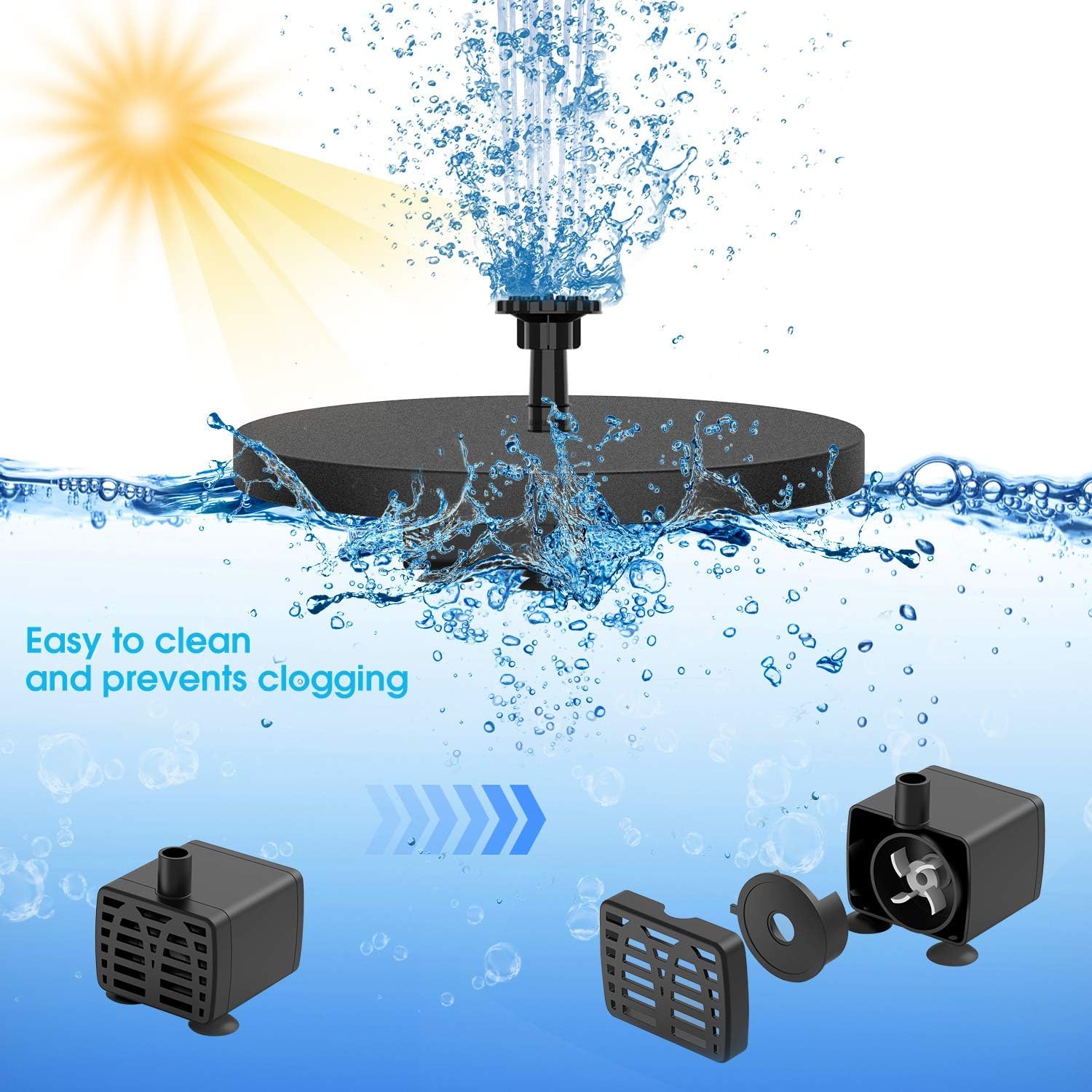 AISITIN 5,5W Solarbrunnen für Draussen, Eingebaute 1500mAh Batterie Solar Springbrunnen für Außen, Schwimmender Fontäne Pumpe mit 10 Fontänenstile für Garten,Vogel-Bad,Teich,Fisch-Behälter,Wasserspiel