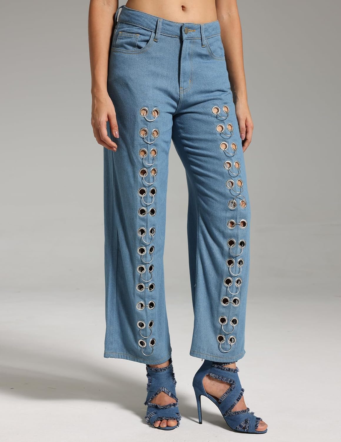 BELLA BARNETT Blue Jeans Rings Design Jeans Straight Leg Jeans for Women Stretchy Jeans Trendy Y2k Jeans Club Outfit