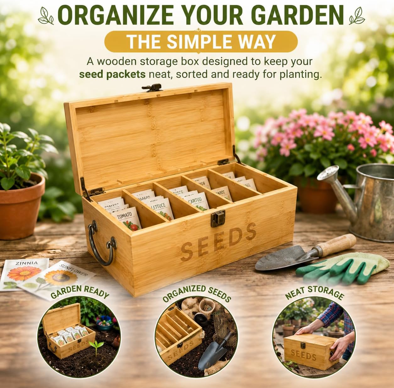 Bamboo Garden Seed Storage Organizer Box, Wooden Seed Box with Removable Dividers, Metal Handle and Latch, Seed Keeper Organizer for Garden Seed Packets and Storage (10.59 x 7 x 5.12 in) image 4