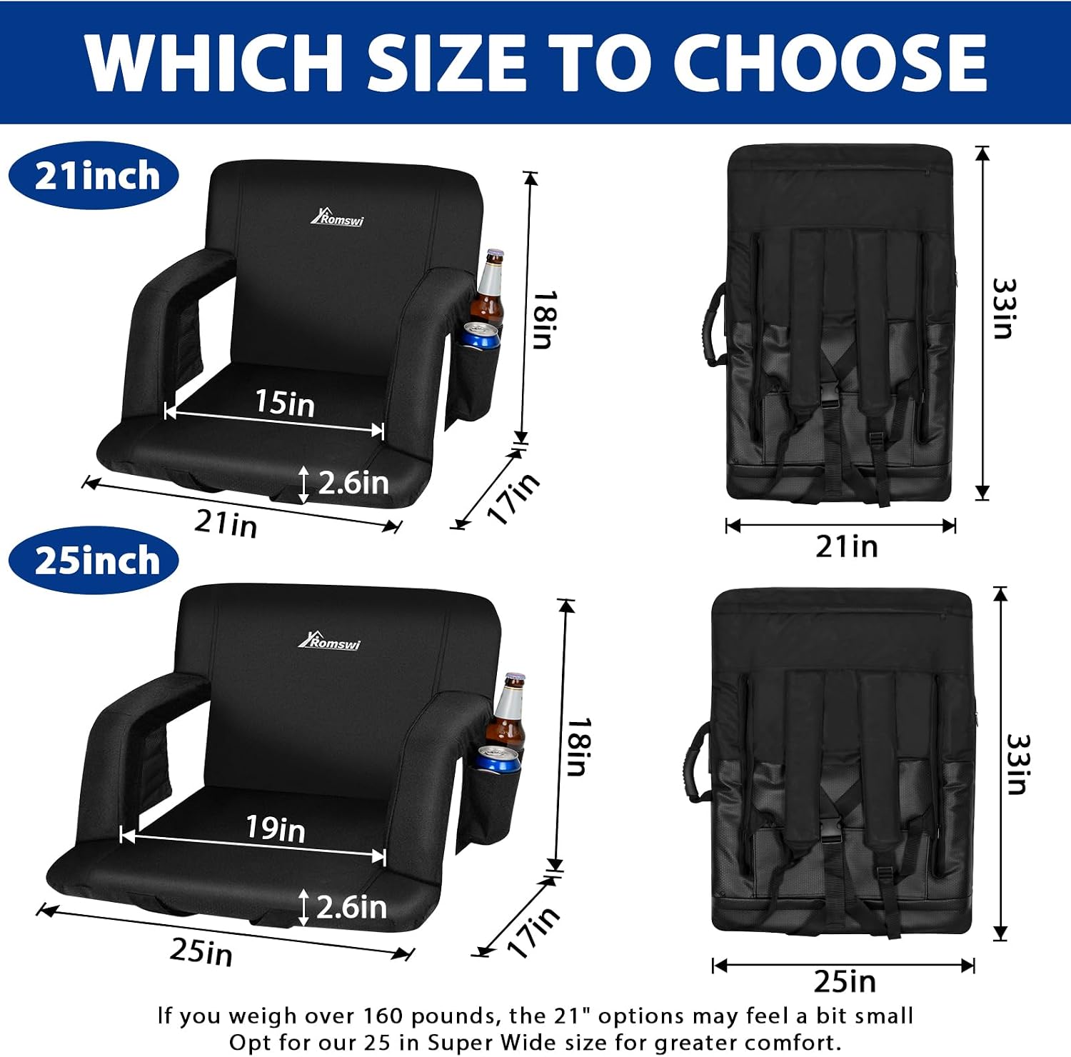Romswi 25" Extra Wide Stadium Seats for Bleachers with Back Support, 2.6" Thick Padded Wide Stadium Chair, 6 Reclining Positions, Dual Anchors, 2 Cup Holders & Multi-Pockets for Big & Tall 2 Pack