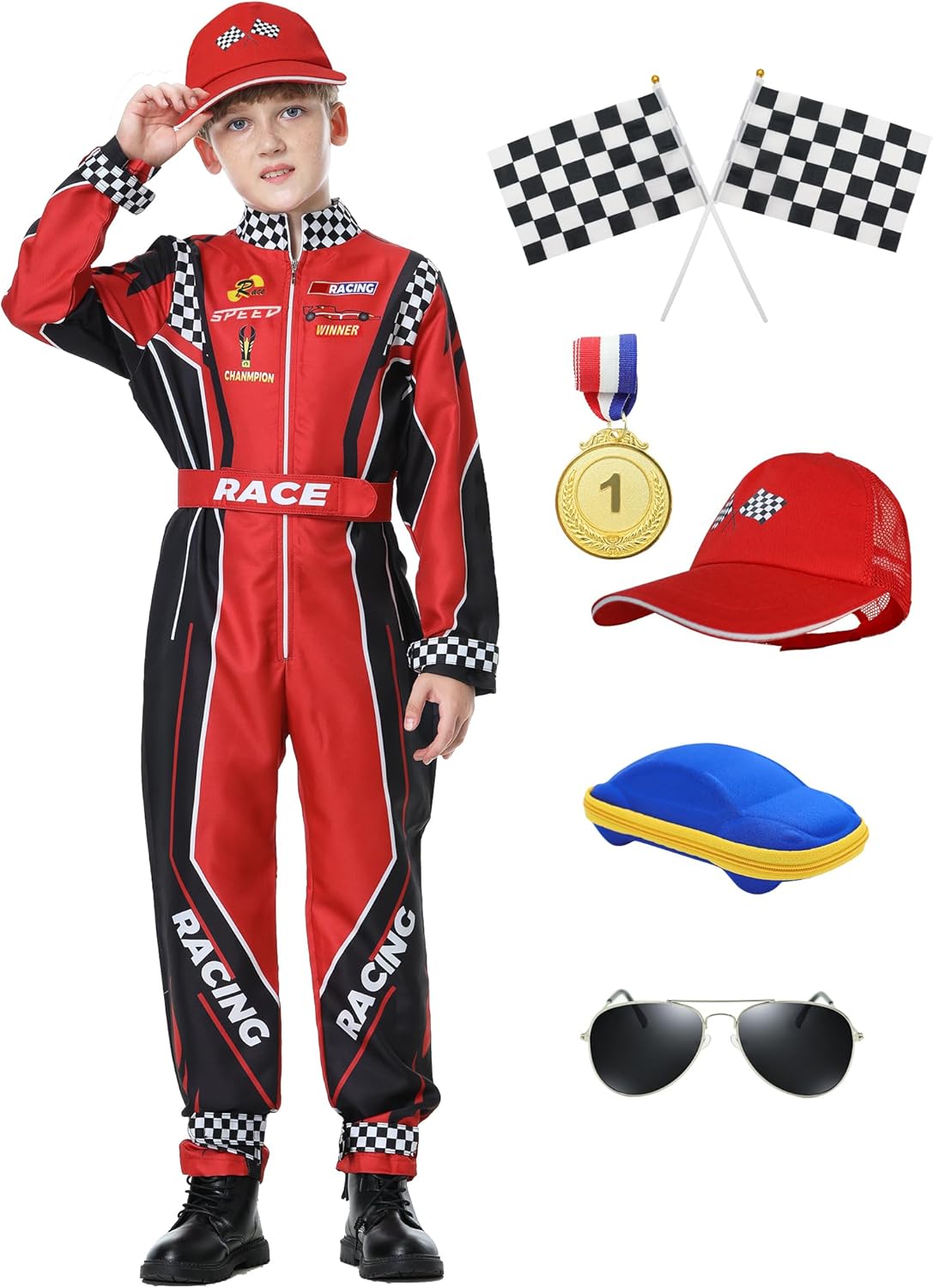 Race Car Driver Costume Boys Racer Jumpsuit With Car Cap Kids Dress Up for Halloween