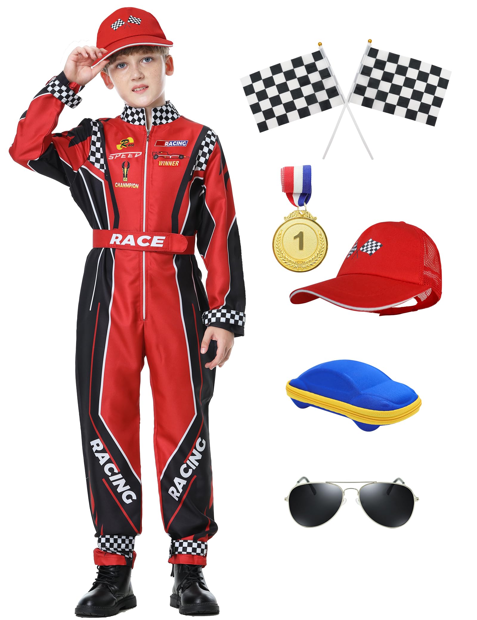 TreyreaRace Car Driver Costume Boys Racer Jumpsuit With Car Cap Kids Dress Up for Halloween