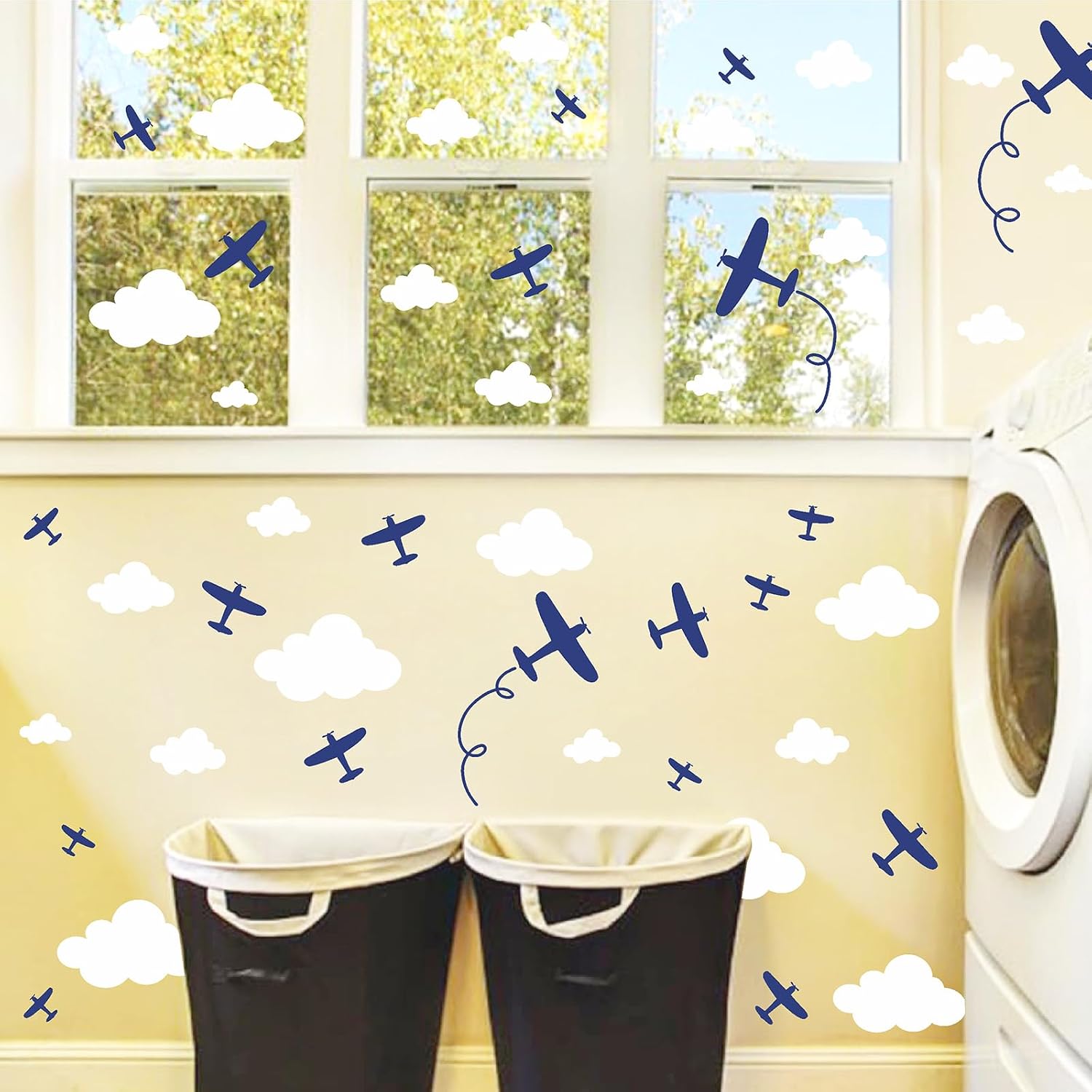 Airplane Wall Stickers Aircraft Plane Wall Decals Peel and Stick White Cloud Wall Decals Removable Vinyl Clouds Wall Stickers Vehicle Decal for Boys Room Nursery Kids Bedroom Decor