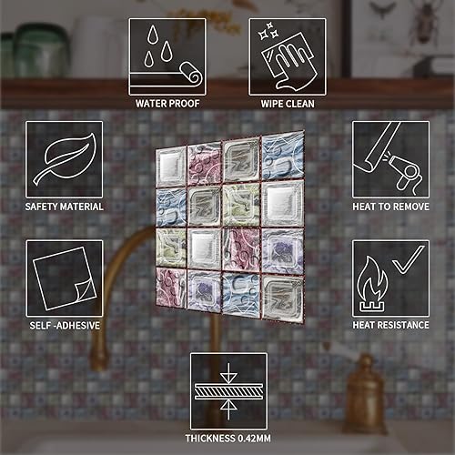 Miniatura 7 de Adhesivo para azulejos de mosaico, despegar y pegar, pegar en azulejos de pared para cocina, azulejos de pared, calcomanías de baño, autoadhesivas,