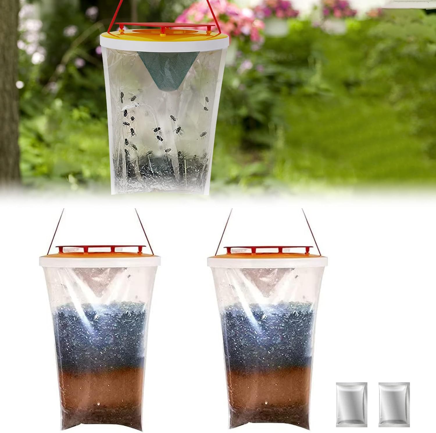 Fly Trap Bags 2 Pack, Outdoor Hanging Fly Catcher, Disposable Fly