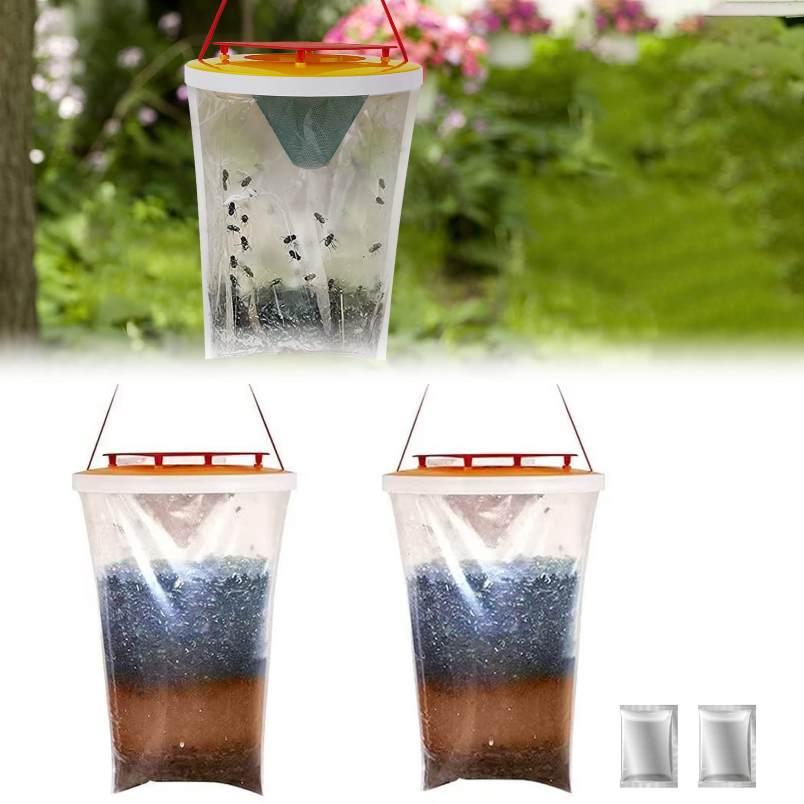Fly Trap Bags 2 Pack, Outdoor Hanging Fly Catcher, Disposable Fly Killer Bag with Fly Bait, Non-Toxic Trap Catches Flies, Mosquitoes, for Outdoor Gardens, Farms, Animal Shed, Stables, Bins and Camping