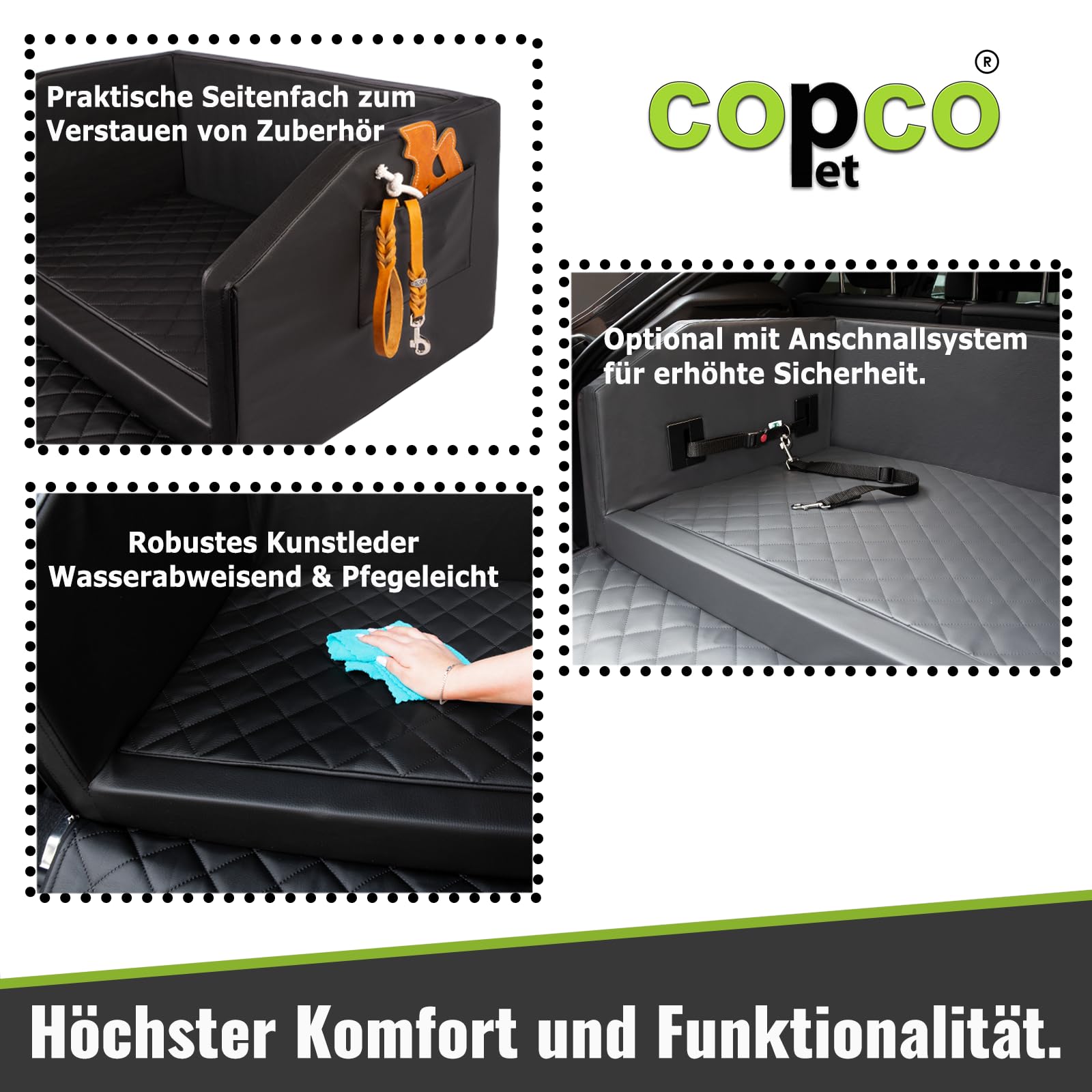 CopcoPet Hundebox Auto Kofferraumschutz Hund mit ladekantenschutz kofferraum【Mit Tasche】kofferraum schutzmatte herausnehmbar - Hunde Autositz mit Anschnallsystem, hundetransportbox 100x90x38cm Schwarz