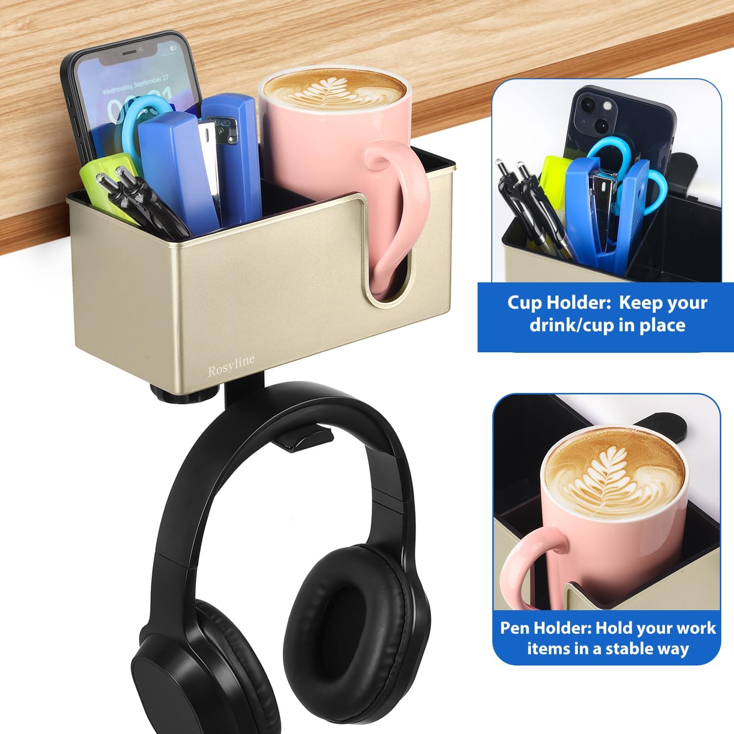 ROSLINE 3-in-1 Clip-on Desk Organizer - Pen, Headphone, and Cup Holder for Expanding Office and Gaming Space (Champagne) - Image 5