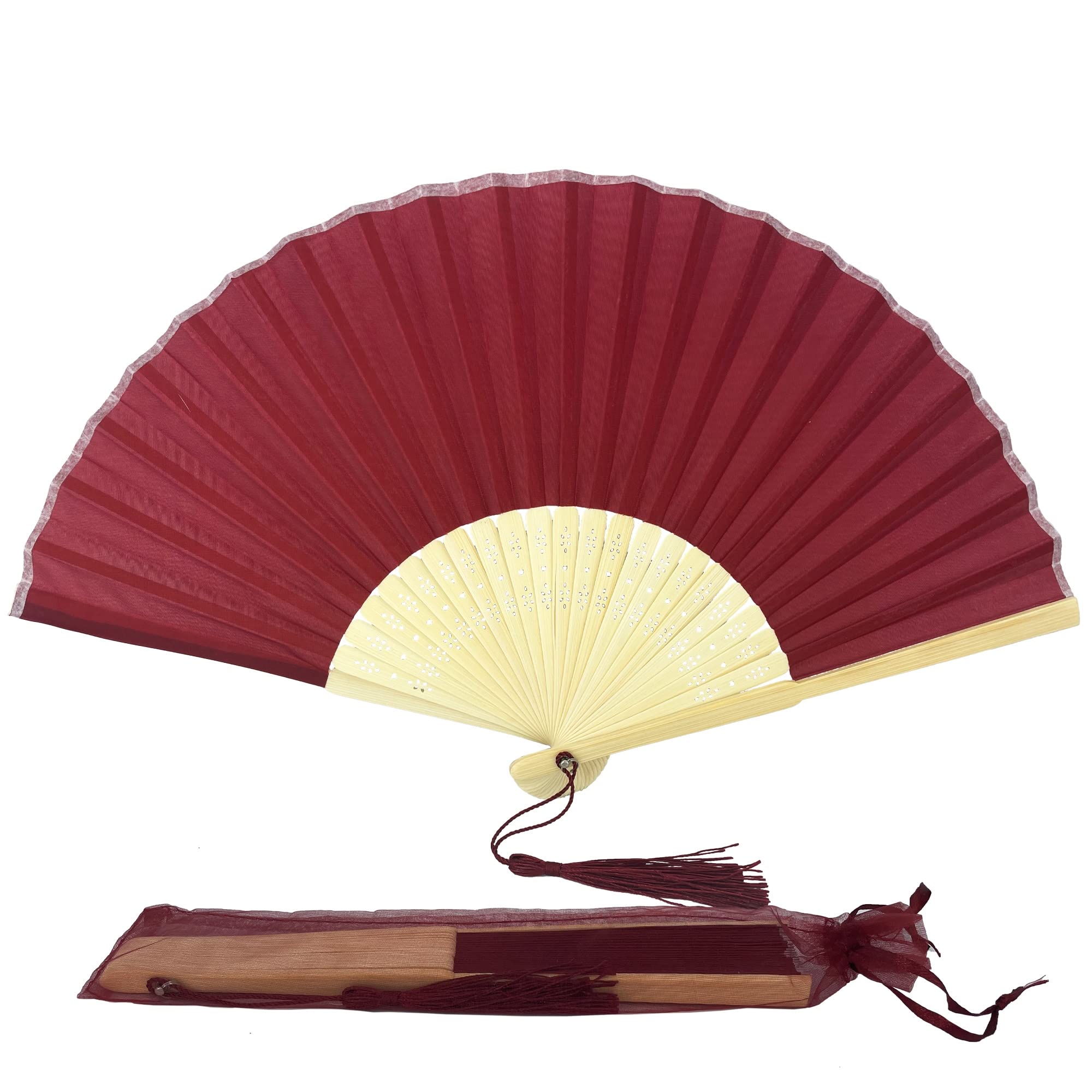 Handfächer aus Stoff mit Quaste, Güteklasse A, Bambusrippen, für Party, Hochzeit, Gastgeschenk (Dunkelrot, Kastanienbraun), 10 Stück