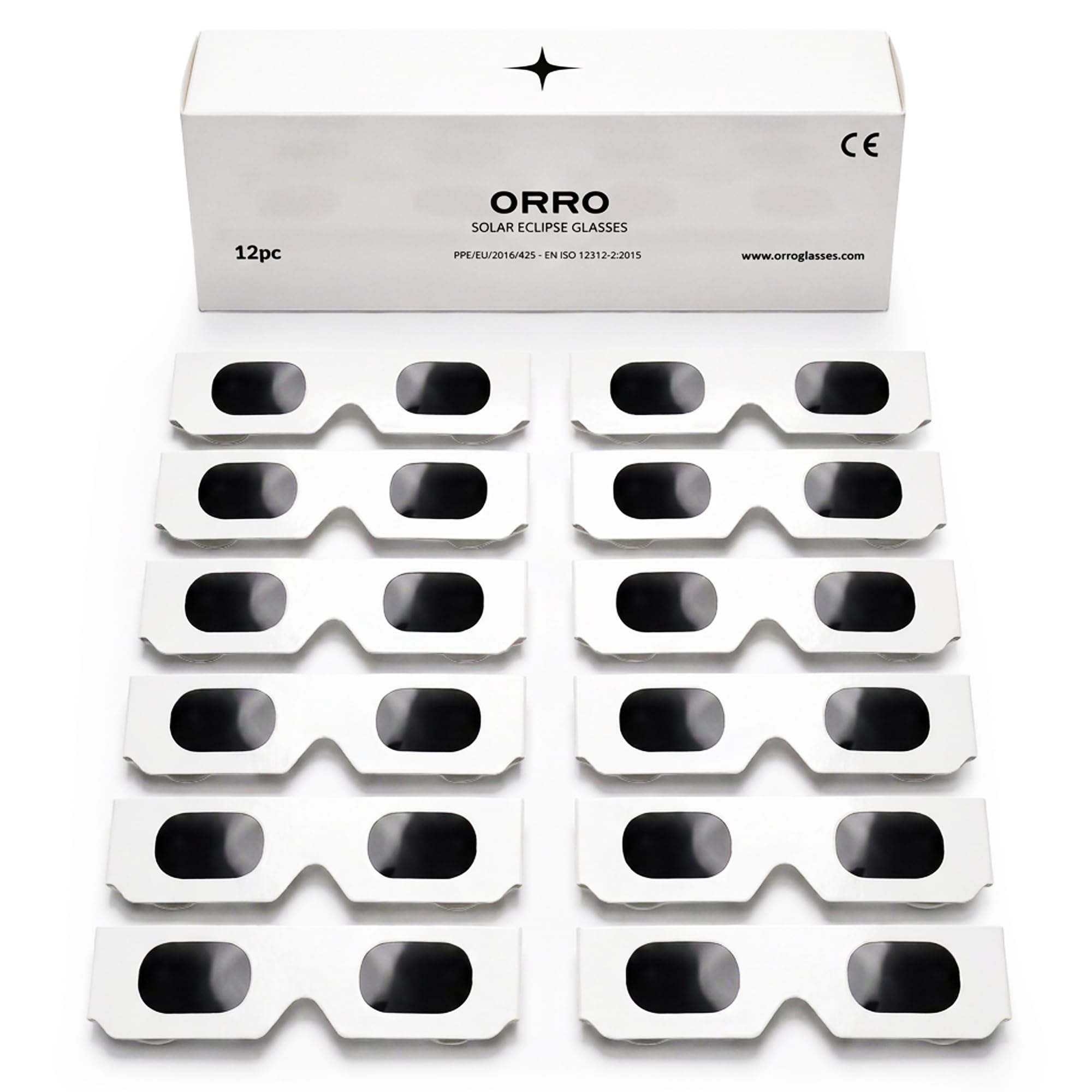 ORRO Solar Eclipse Glasses 12 Pack for August 12, 2026, Certified Eye Protection, EN ISO 12312-2:2015 Tested, CE Marked for Safe Direct Sun Viewing