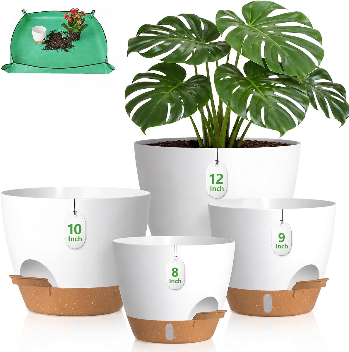 Large Self Watering Pots for Indoor Plants, 12/10/9/8 Inch White | Repotting Mat Included, Water Level Indicator, Deep Reservoir, For Indoor Outdoor Garden Home Office